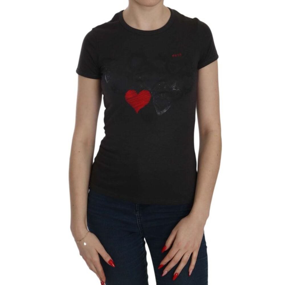 Exte Black Hearts Print Short Sleeve Casual Shirt Women's Top